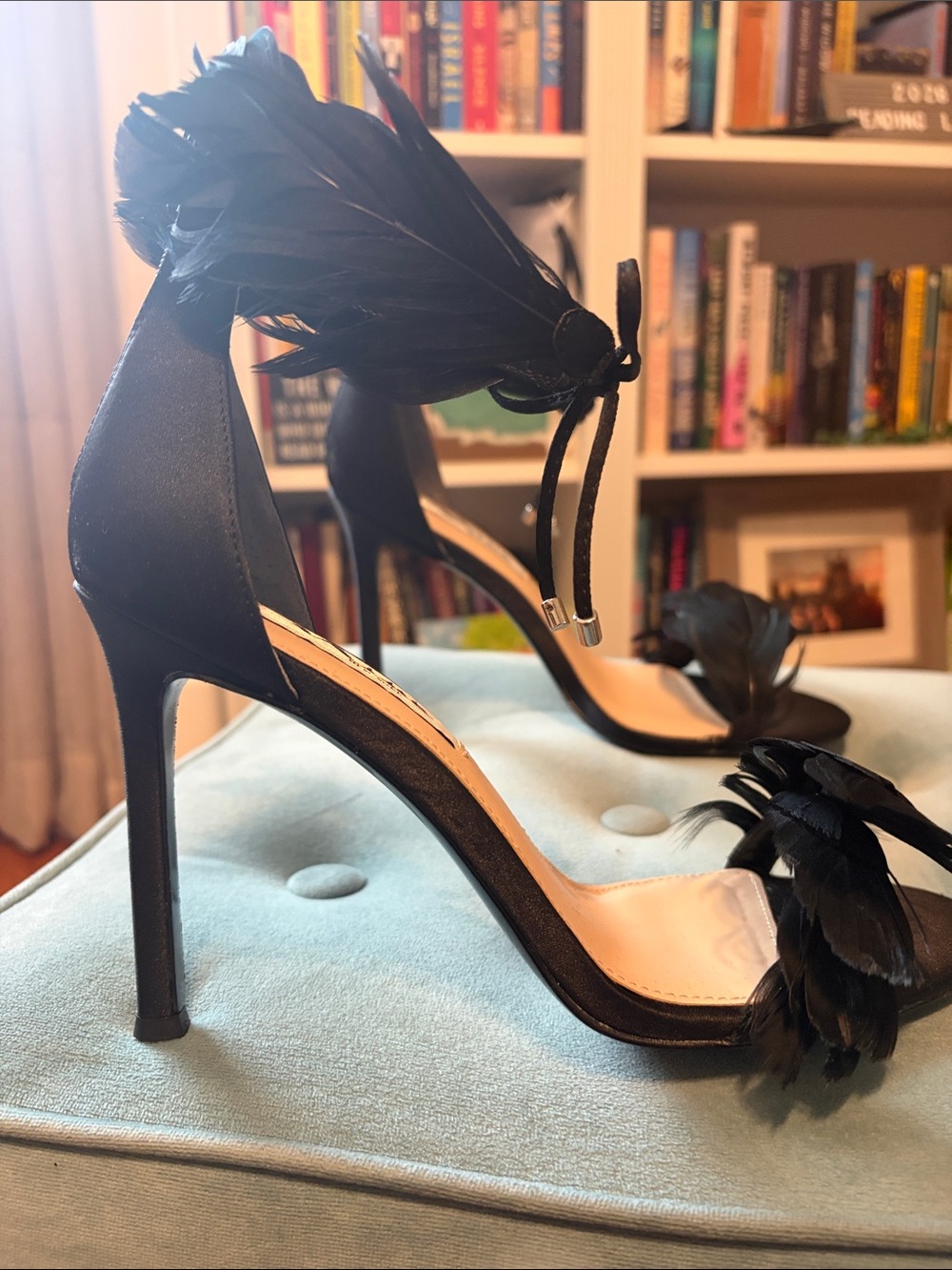 Nina Black Feather Ankle-Tie Heels - Picture 2 of 8